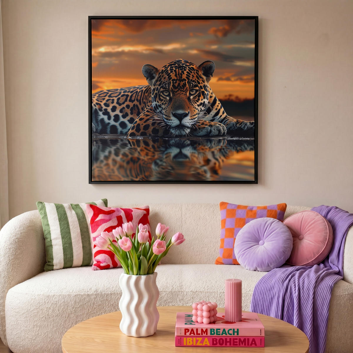 LEINWAND Bilder mit Rahmen - Natur - Leopard - Tier - Sonnenuntergang - Modern - 90x90 - Orange, Textil (90/90cm) - MuchoWow