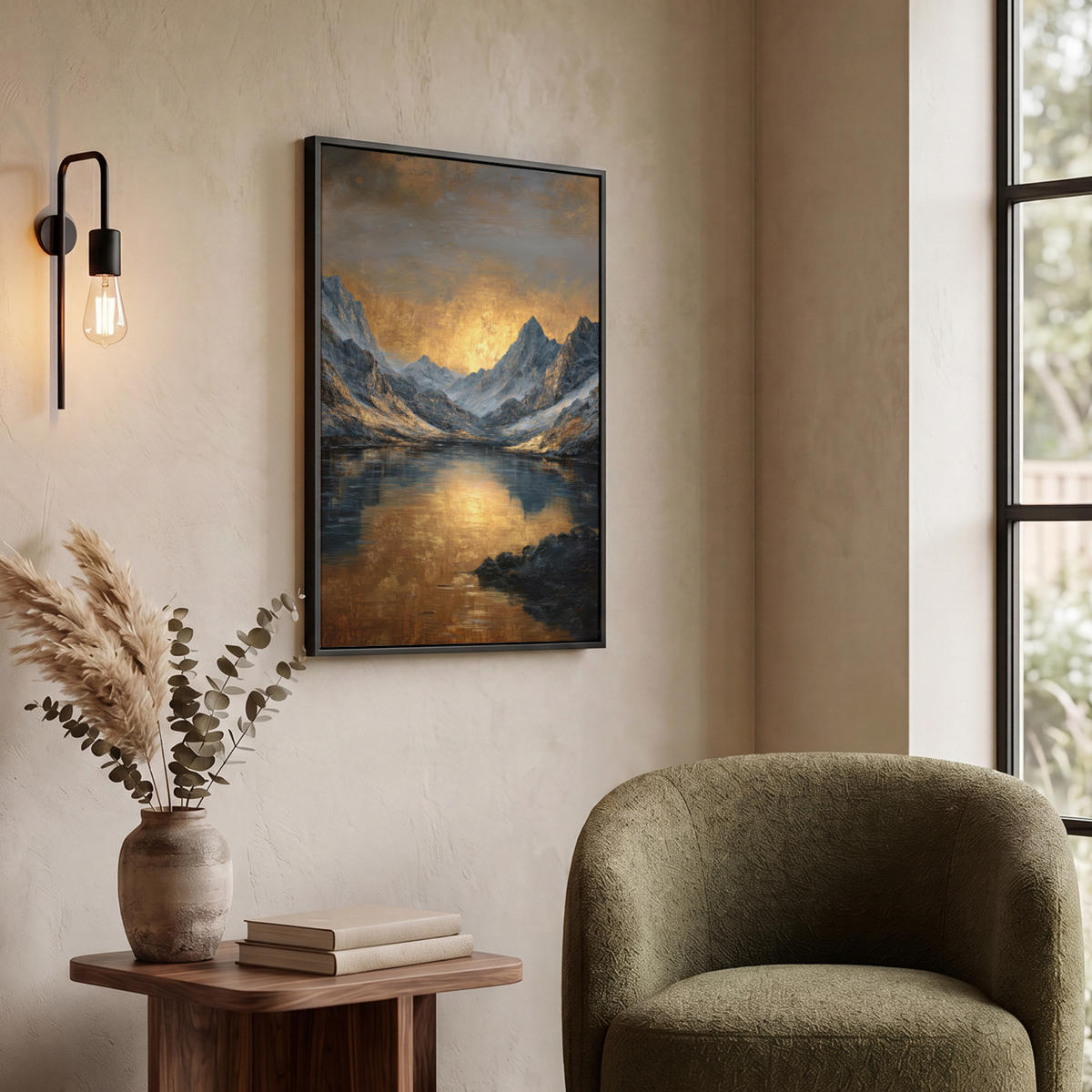 LEINWAND Bilder mit Rahmen - Bergkulisse mit goldenem Sonnenuntergang - 50x70 - Goldfarben, Textil (50/70cm) - MuchoWow