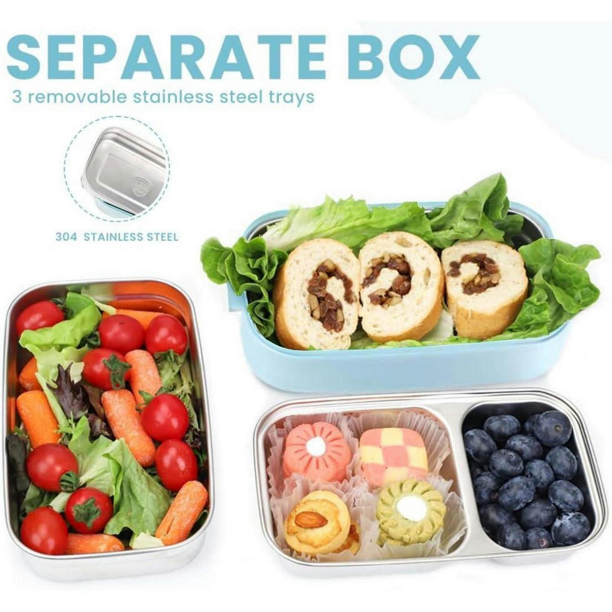 BENTO Box Edelstahl 1700 ml Blau mit Besteckset - Blau, Metall (11.5/16/19.5cm)