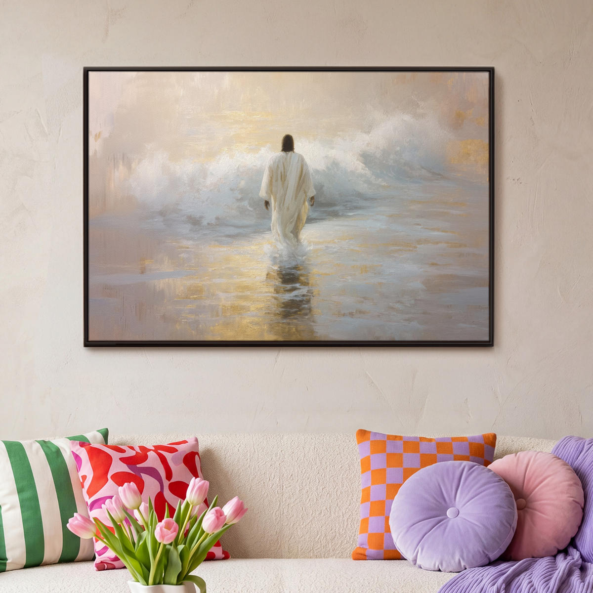 LEINWAND Bilder mit Rahmen - Gemälde - Welle - Jesus - Abstrakt - 90x60 - Goldfarben, Textil (90/60cm) - MuchoWow
