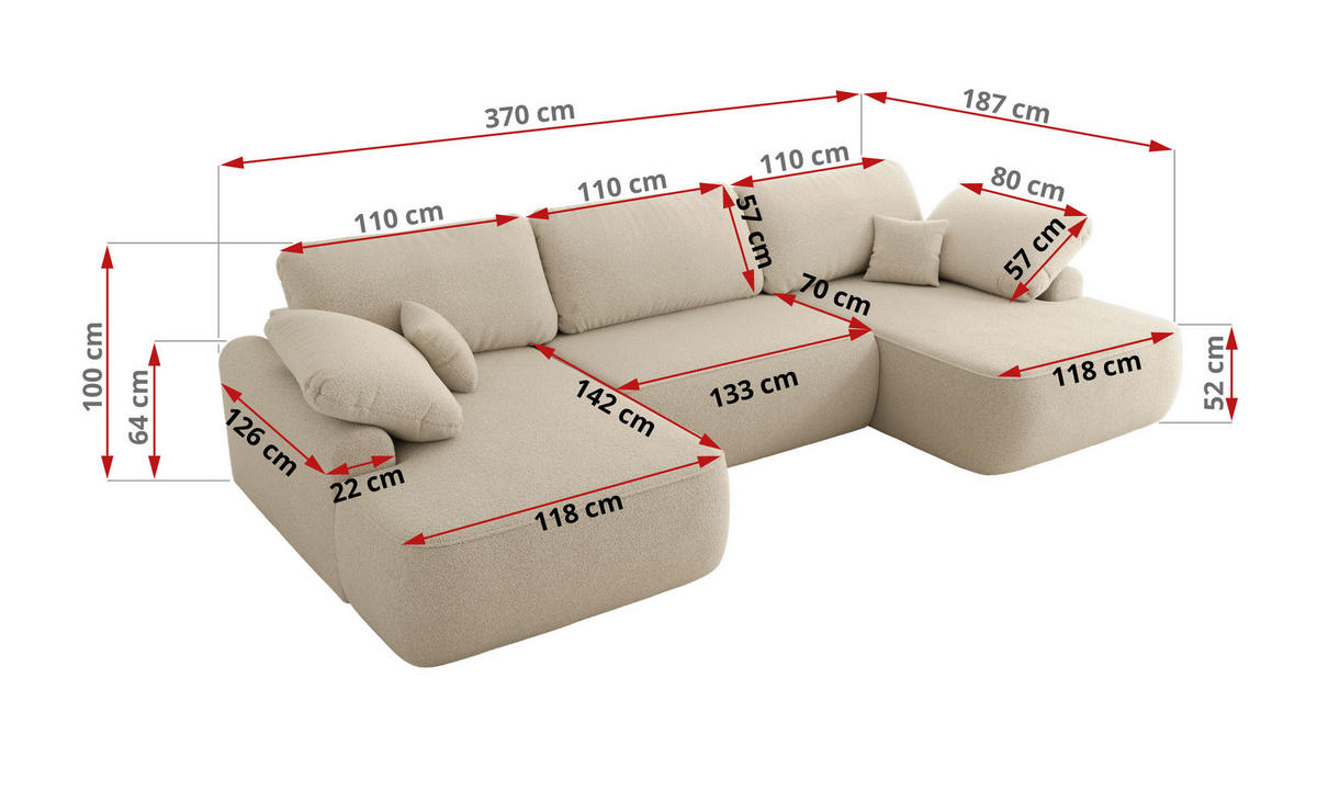 WOHNLANDSCHAFT CUBO U Beige Boucle - Beige/Schwarz, Kunststoff/Textil (370/100/187cm) - MKS