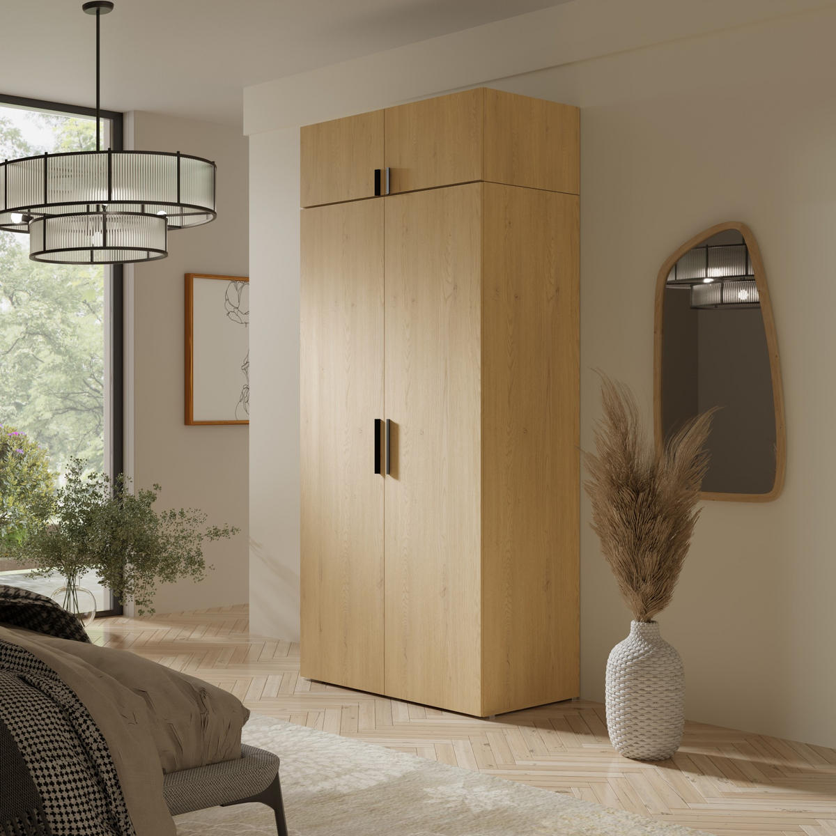 DREHTÜRENSCHRANK mit Aufsatz Napoli 2D 100 Eiche Cremona (schwarzer oder goldener Griff) - Eichefarben/Silberfarben, Holzwerkstoff/Kunststoff (100/35/60cm) - mzm24