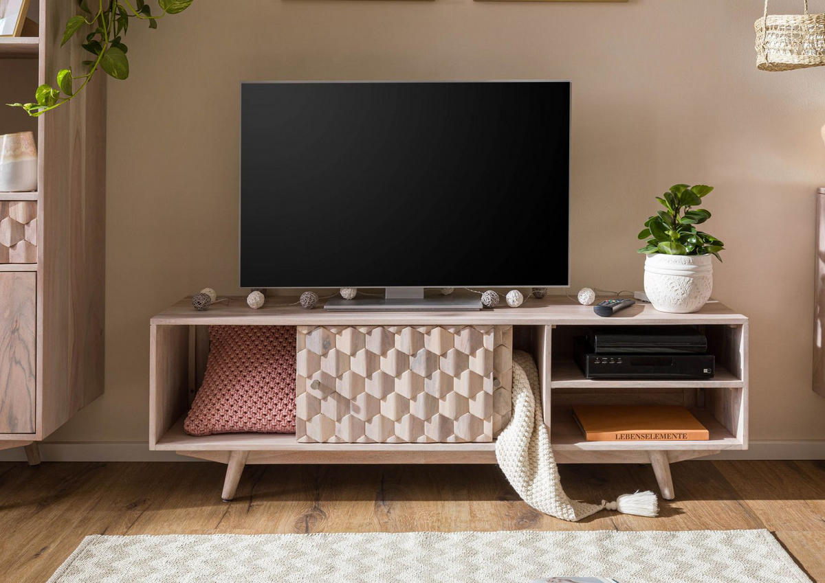 TV-BOARD Akazie 145x35x45 weiß lackiert MOSAYK #201 - Weiß, Holz (145/45/35cm) - Massivmoebel24