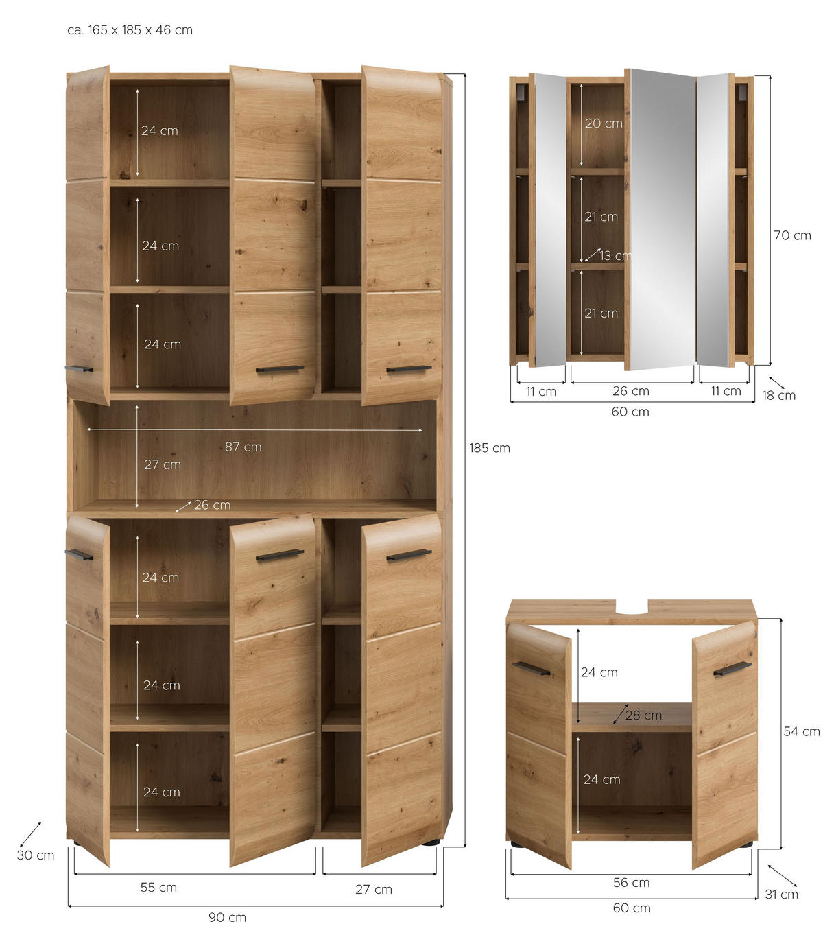 BADEZIMMER Alba 3-tlg. (B/H/T: ca. 165/185/30 cm) in Artisan Oak /Artisan Oak - Eiche Artisan, Holz (165/185/30cm)