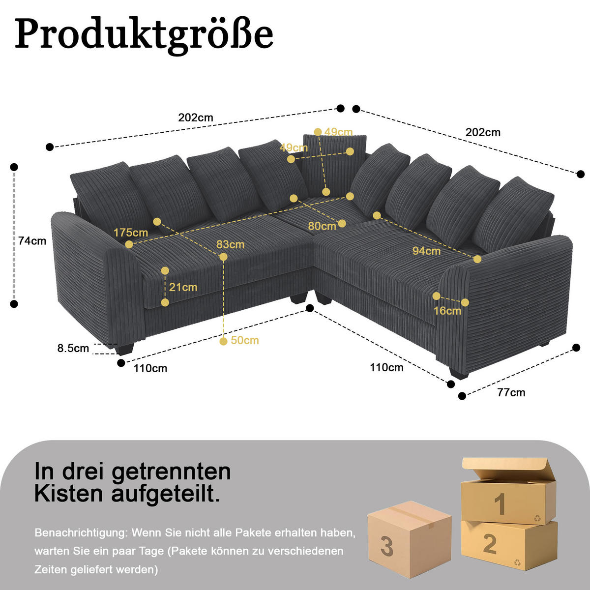 ECKSOFA L-Form Cord 83 cm Sitztiefe, 8,5 cm Füße inkl. 9 Kissen 202/202/74 cm Grau - Grau, Textil (202/202cm) - Redom