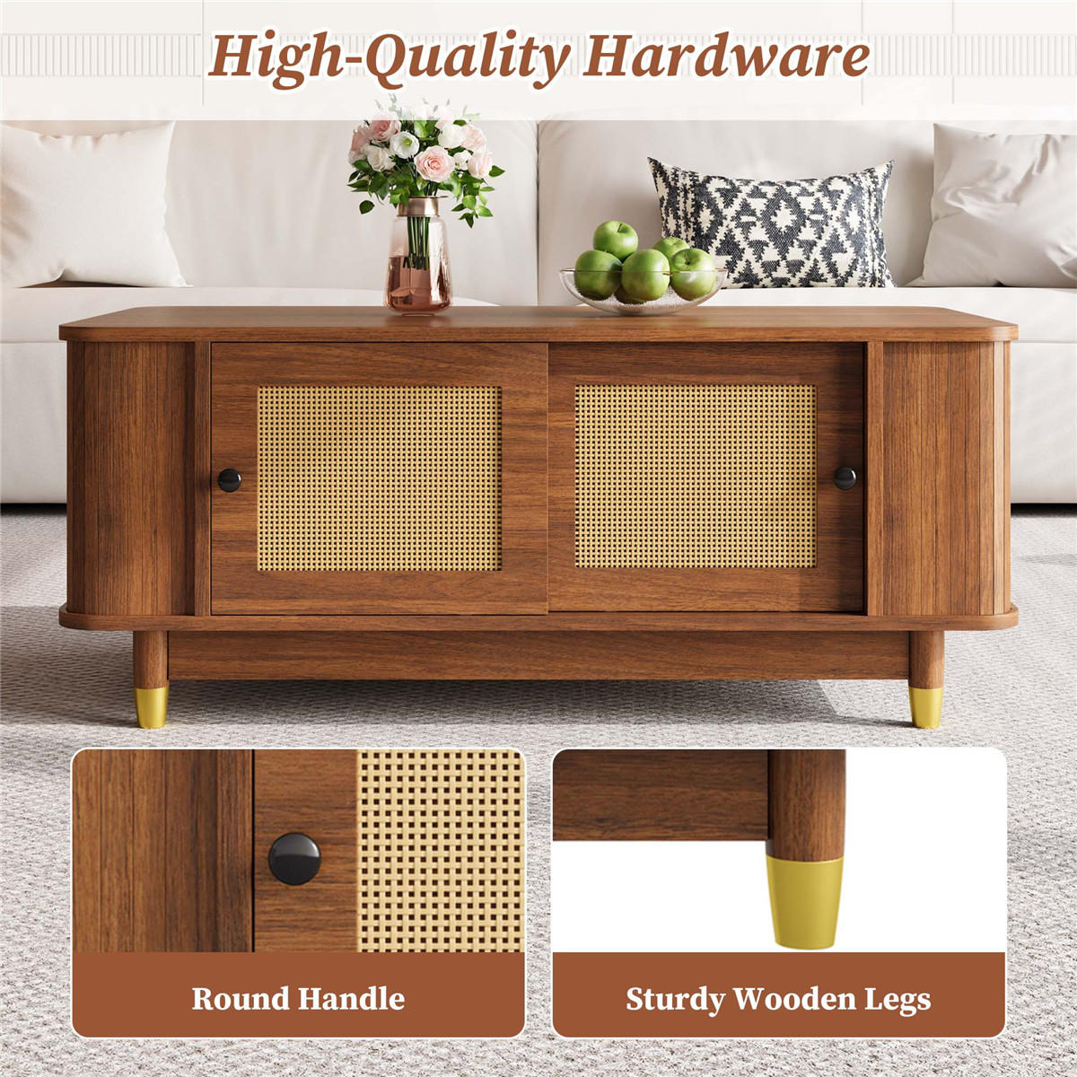 COUCHTISCH Rattan 100/50/42 Schiebetüren MDF Stauraum - Braun, Holz (50/100/42cm) - Bomclap