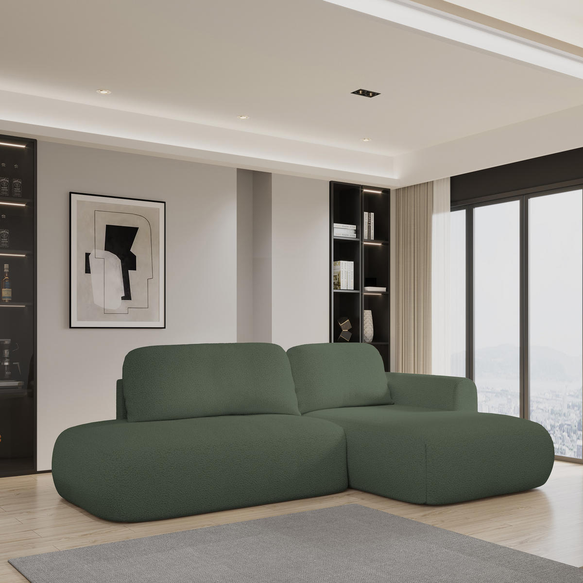 ECKSOFA NUVIRA R-S Grün Boucle-Stoff mit Schlaffunktion - Grün, Holz (274/165cm) - MASSENO
