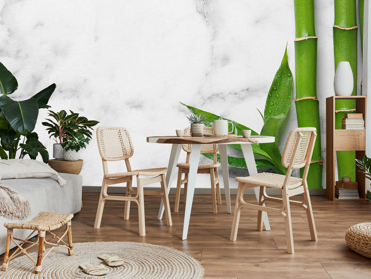 FOTOTAPETE für Küche Bambusblätter Grauer Marmor Exotisch Elegant 450x315 - Weiß/Grau, Papier (450/315cm) - Muralo