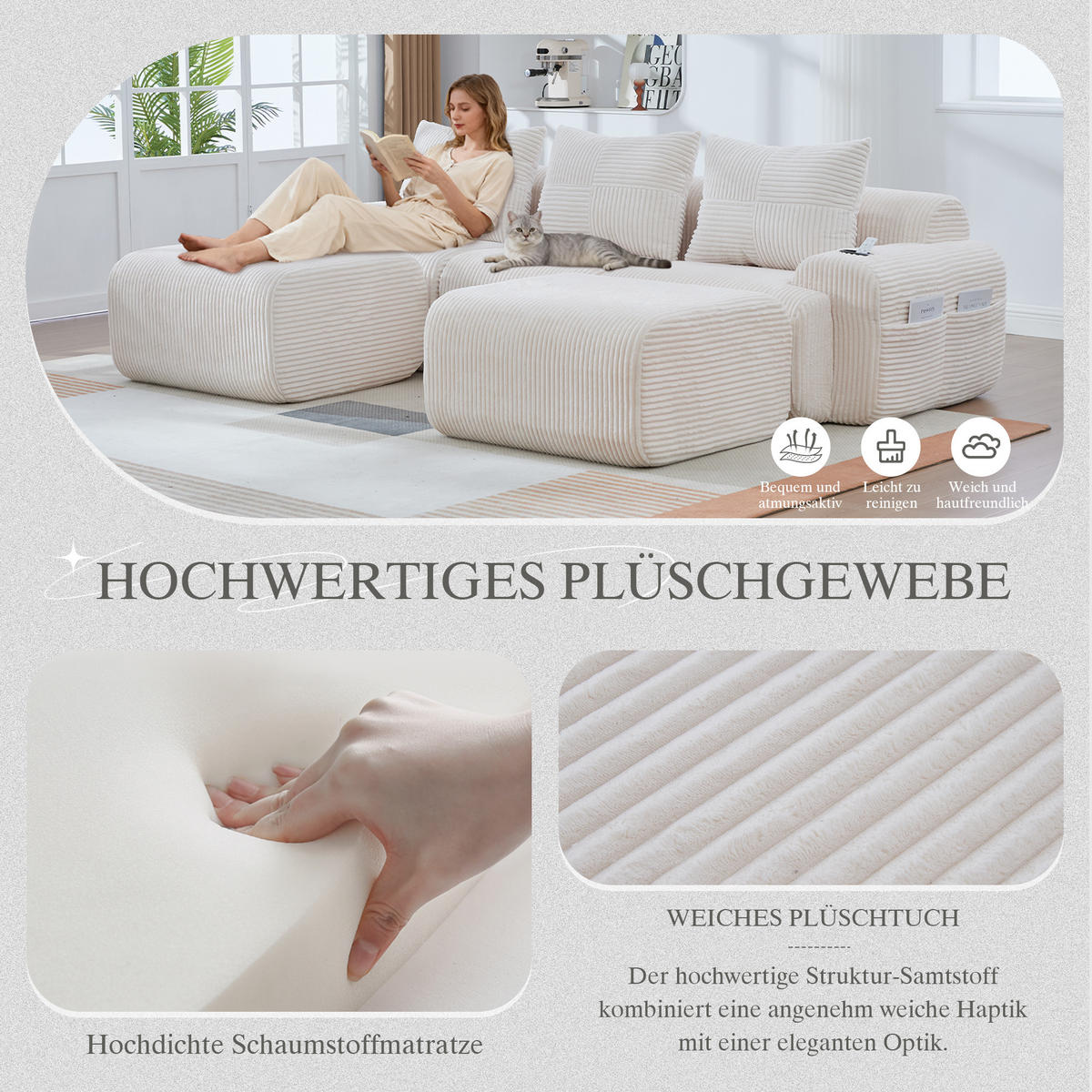 3-SITZER Wohnlandschaft Cord mit 2 Hockern Getränkehalter und Seitentasche 268/174/80 cm Beige - Beige, Textil (174/80/268cm) - Redom