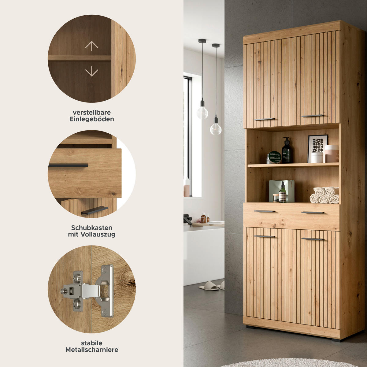 HOCHSCHRANK breit Vento (B/H/T: ca. 74/191/31 cm) in Artisan Eiche Nachbildung/Artisan Eiche Nachbildung - Eiche Artisan, Holz (74/191/31cm)