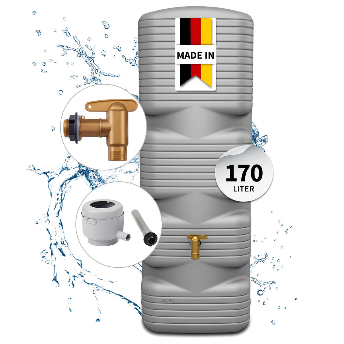WANDTANK Komplett-Set 170 L betongrau inkl. Kunststoff-Auslaufhahn und Fallrohranschluss - Grau, Kunststoff (40/118/42cm) - 4rain