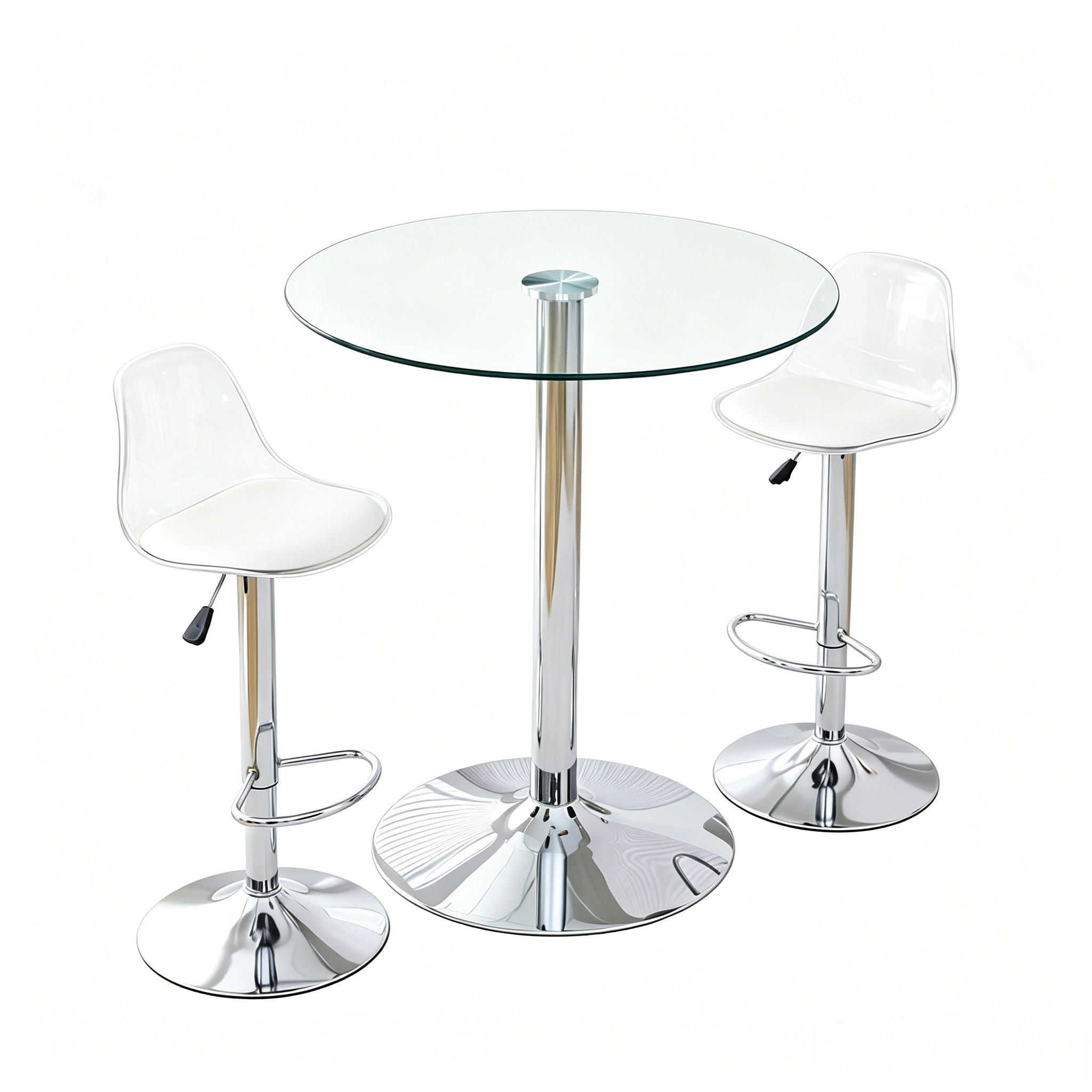 TISCHGRUPPE 3-tlg Glastisch 89 cm mit 2 Hocker Silber Höhenverstellbar - Silberfarben, Glas/Metall (49.5/50/51cm) - Raelunyi