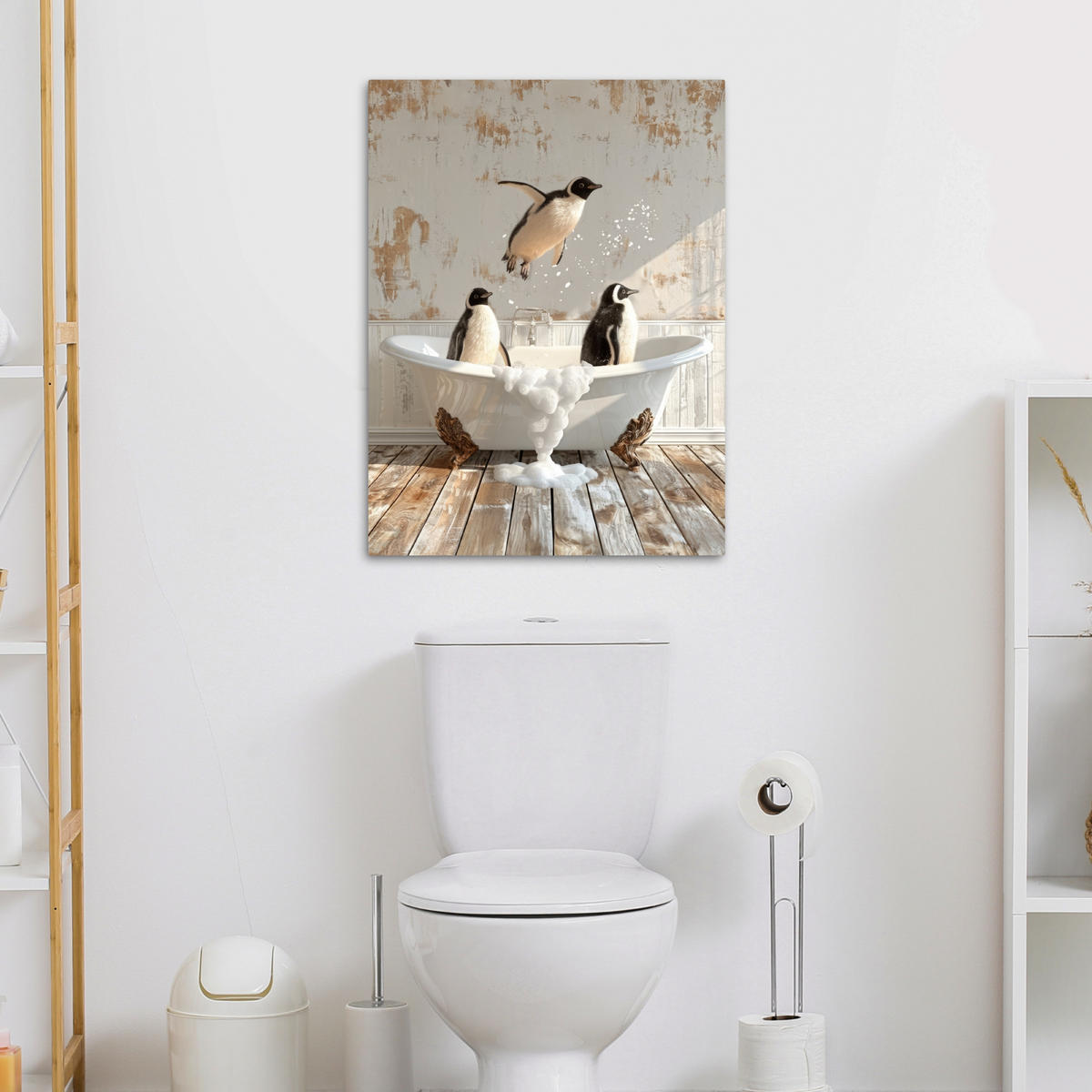 LEINWANDBILD Vintage - Pinguin - Badewanne - Schaumstoff 60x80 cm - Schwarz, Textil (60/80cm) - MuchoWow