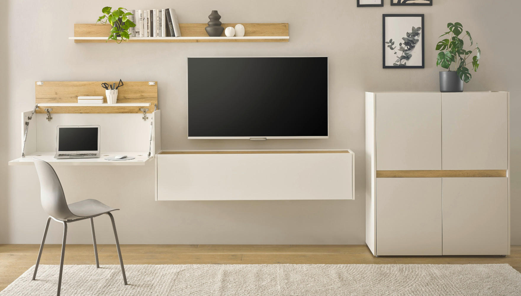 WOHNWAND weiß, Eiche Wotan 4-teilig 370 cm, Komplettset mit Sekretär - Eiche Wotan/Schwarz, Holz/Holzwerkstoff (370/170/40cm) - Furn.Design