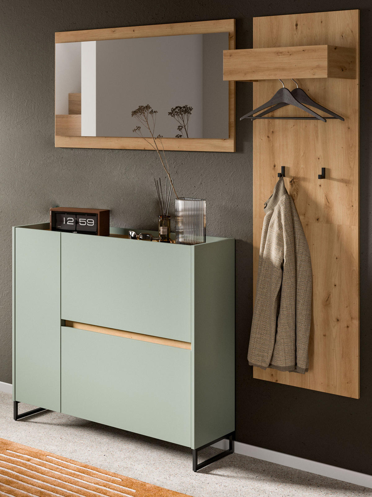 GARDEROBEN-SET 3-teilig Salbei grün, Eiche Artisan 175 cm, Garderobenschränke mit Soft-Close - Salbeigrün/Schwarz, Glas/Holzwerkstoff (175/192/32cm) - Inn.Furn