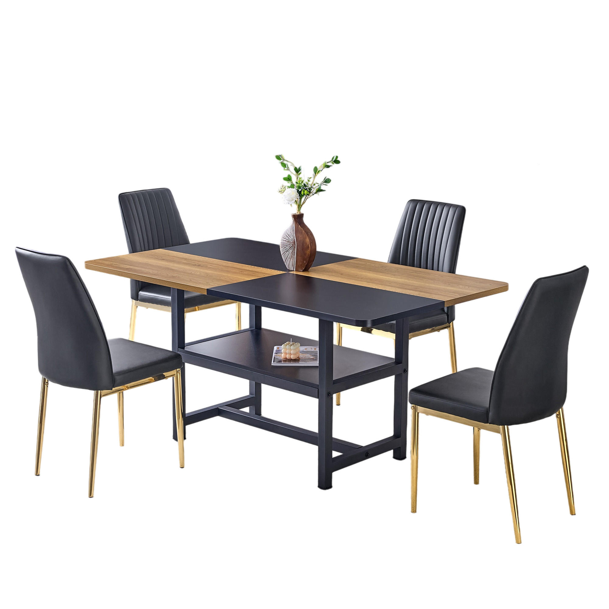 ESSGRUPPE DE-39342 5-teilig, mit Abstellregal und 4 PU-Sesseln Schwarz/Gold - Schwarz, Holzwerkstoff (160/76/90cm) - ComfortXL