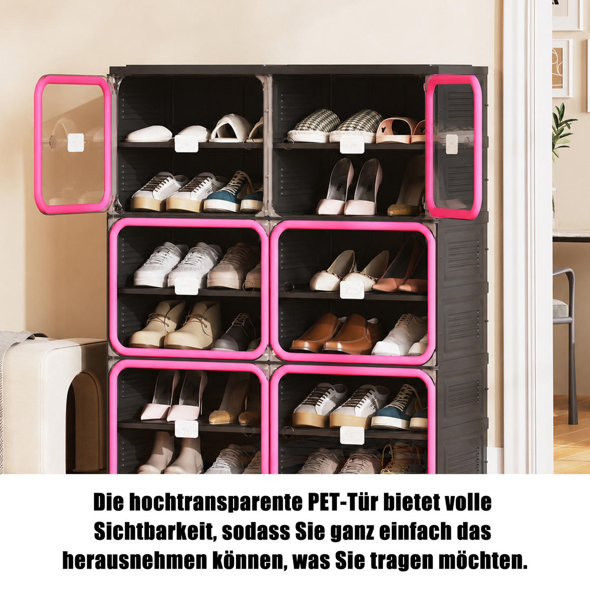 SCHUHSCHRANK, Doppelfach mit 6 Ebenen, faltbar, montagefrei, aus Kunststoff, Flurmöbel, Schwarz-Rot - Rot, Kunststoff (85/104/34cm) - GENKI LIVING
