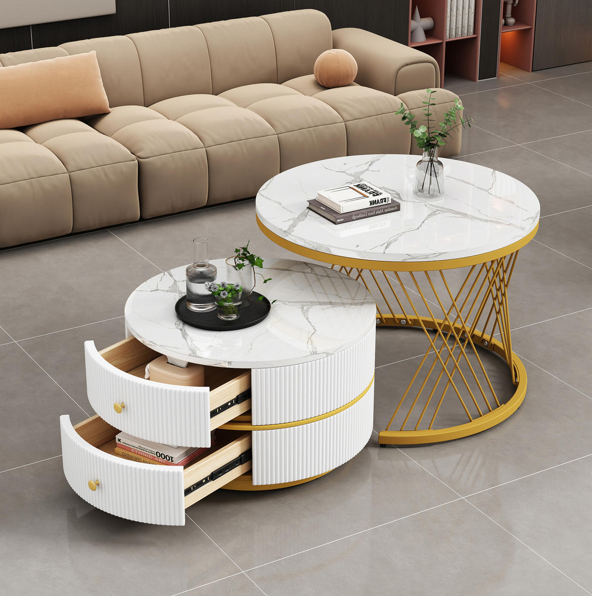 COUCHTISCH-SET aus MDF 60x60x46 cm & 50x50x30,8 cm Weiß mit 2 Schubladen - Weiß, Holzwerkstoff (60/60/46cm) - IVMEU