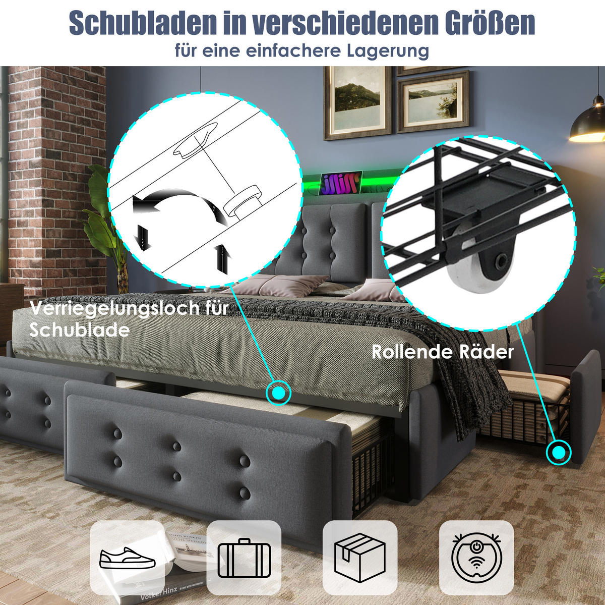 POLSTERBETT 160/200 cm aus Baumwoll-Leinenstoff mit LED, USB-C, Steckdosen, 4 Schubladen und Matratze, Grau - Grau, Textil (160/200cm) - Redom