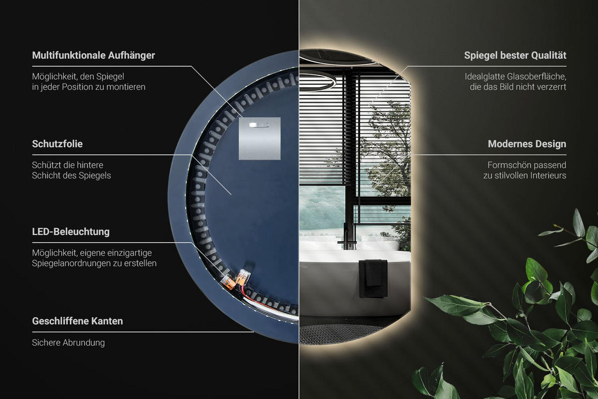 LED SPIEGEL 70 cm x 80 cm Asymmetrische Form Warmweiß 3000 K - Transparent, Glas (70/80/0.4cm) - Wallfluent