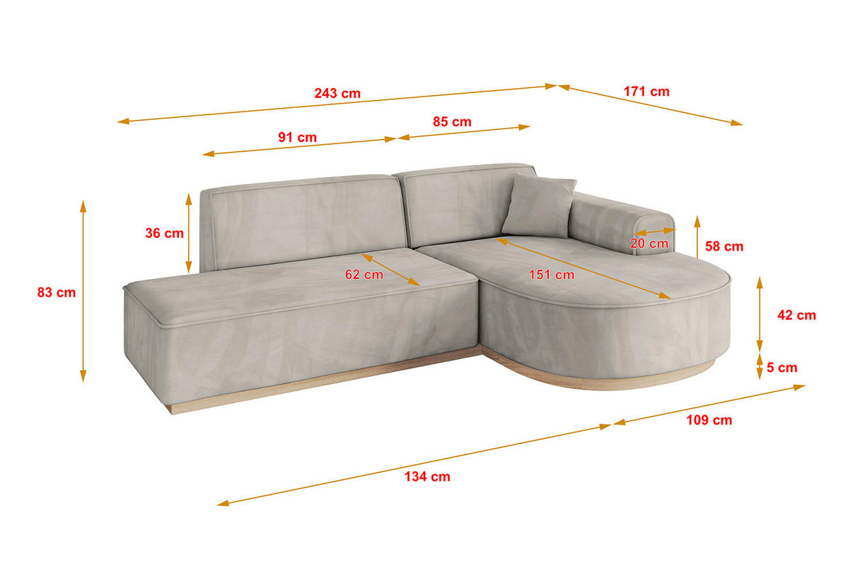 ECKSOFA Ottomane Rechts ARRIO-L1 - 243x171x83 cm Hellbraun - Hellbraun, Holzwerkstoff/Textil (243/171cm) - ALTDECOR