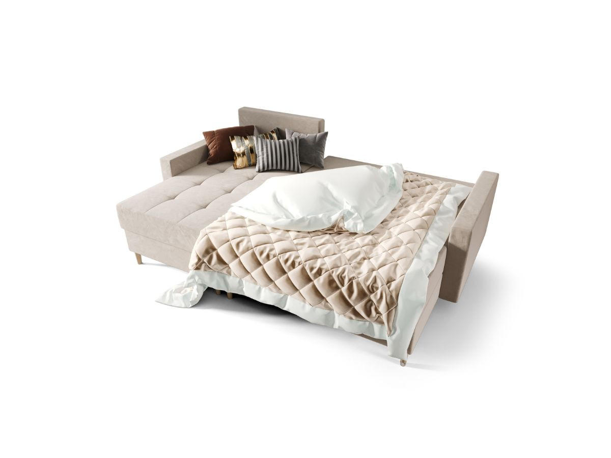 ECKSOFA BARI RN01, Eckcouch in L-Form mit Schlaffunktion, Farbe: Beige, Velourstoff, Ottomane Links - Beige, Textil (224/144cm) - O-Sofa