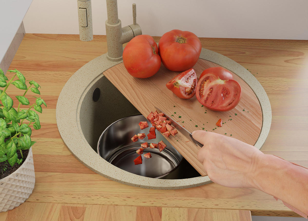 GRANITSPÜLE Pisa Max, 2-er set Beige 53/53 cm 1 Becken + Küchenarmatur 40/20 cm + Ablauf-Set + Schneidebrett ab 50er Unterschrank - Chromfarben/Beige, Kunststoff (53/20/53cm) - Primagran