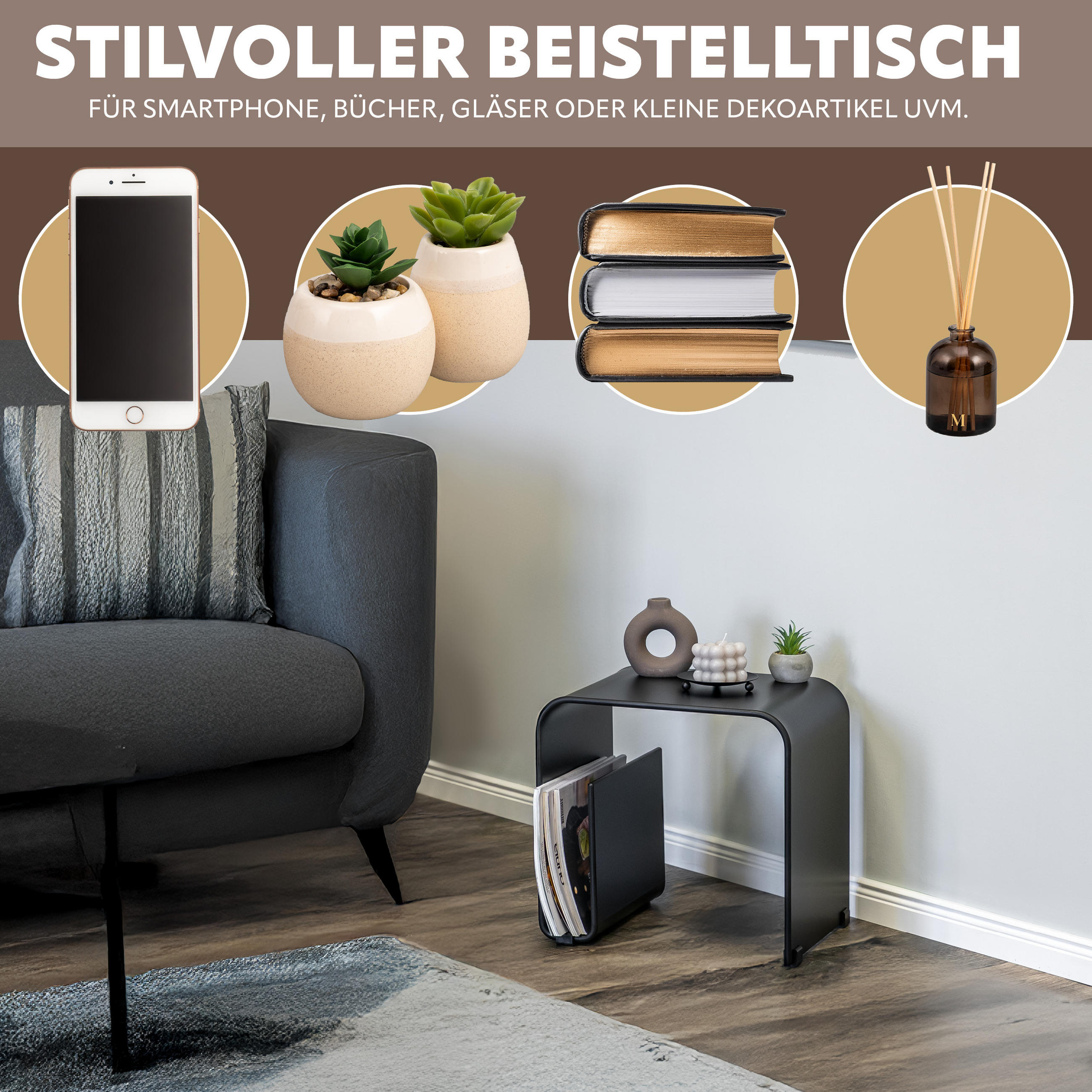BEISTELLTISCH MIT MAGAZINHALTER Acryl schwarzmatt - Schwarz, Kunststoff (30/38.5/35.5cm) - eluno