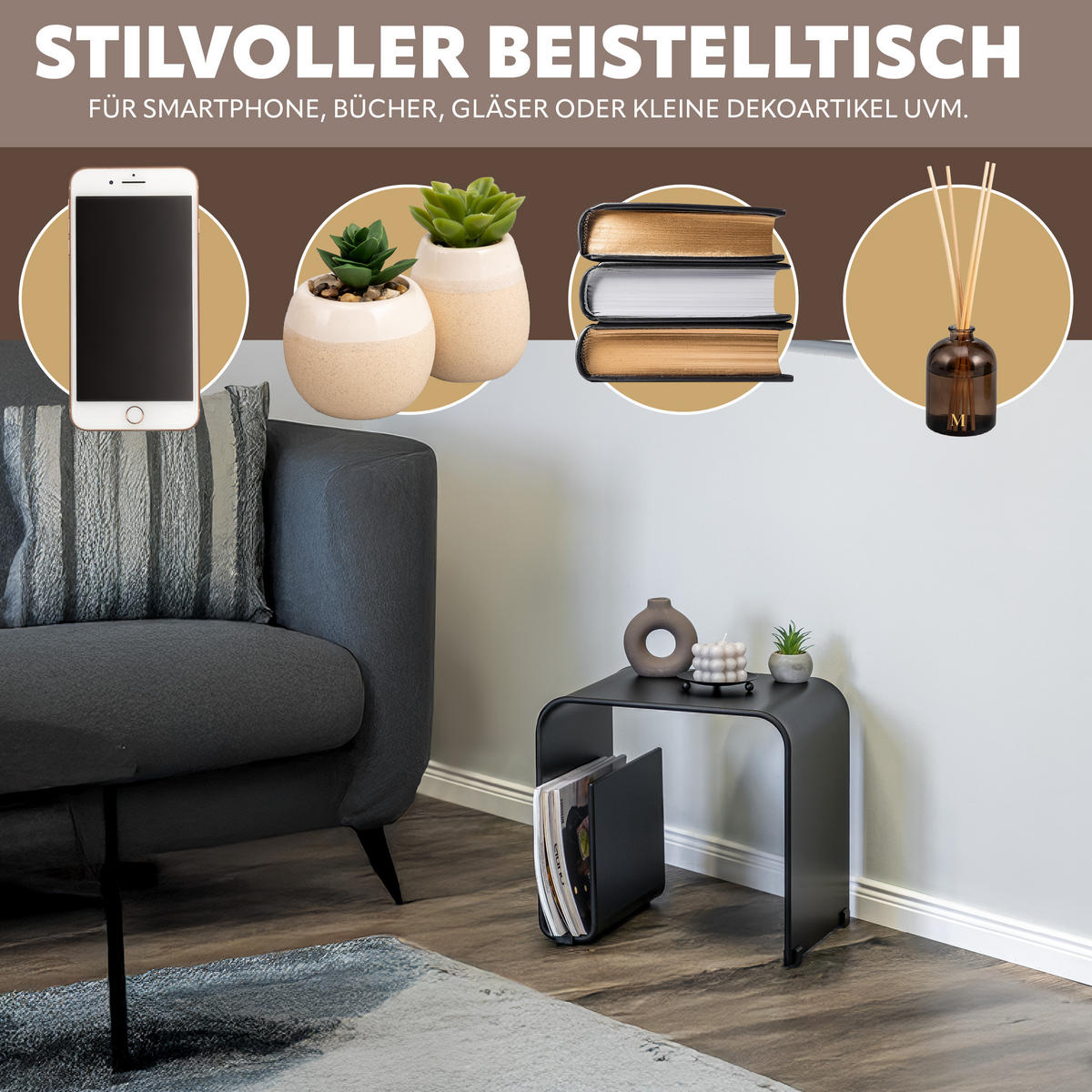 BEISTELLTISCH MIT MAGAZINHALTER Acryl schwarzmatt - Schwarz, Kunststoff (30/38.5/35.5cm) - eluno