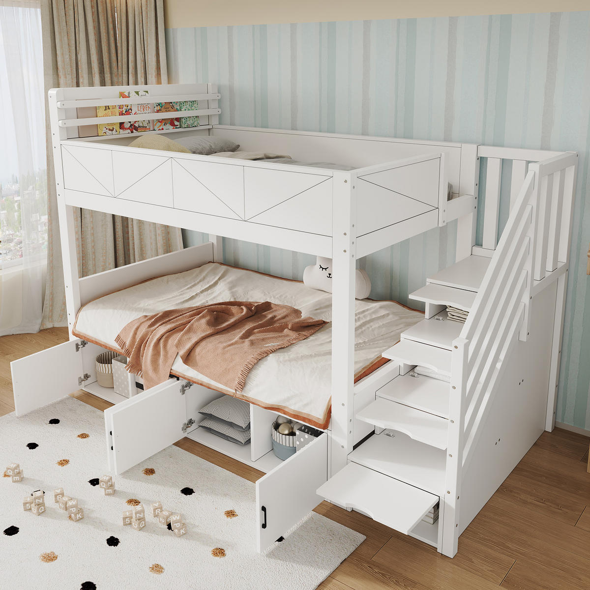 ETAGENBETT 90/200 cm in Weiß mit Stauraumtreppe, Schrankfächern, Ablage und Paneel-Design aus Massivholz und MDF - Weiß, Holzwerkstoff (90/200cm) - STILVORA