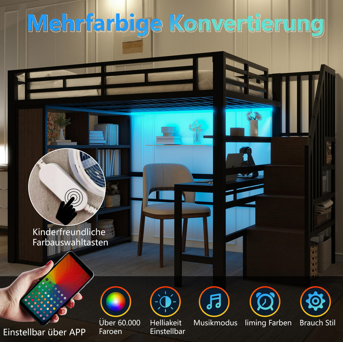 HOCHBETT 140/200 cm Schwarz mit Schreibtisch, Stauraumtreppe und LED-Beleuchtung - Schwarz, Metall (140/200cm) - Flora Grace