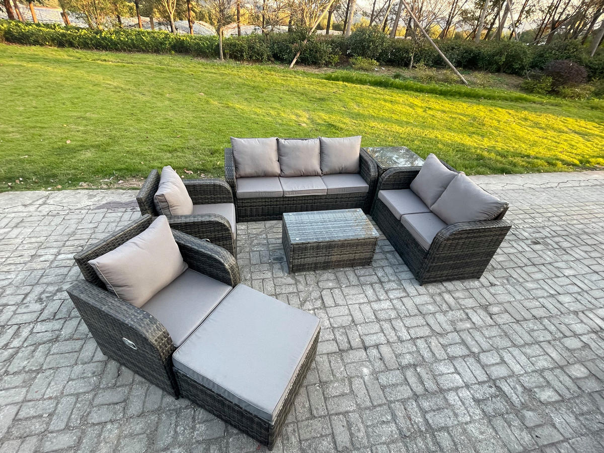 GARTENMÖBELSET mit Couchtisch Polyrattan 8-Sitzer - Dunkelgrau/Grau, Glas/Kunststoff - Fimous