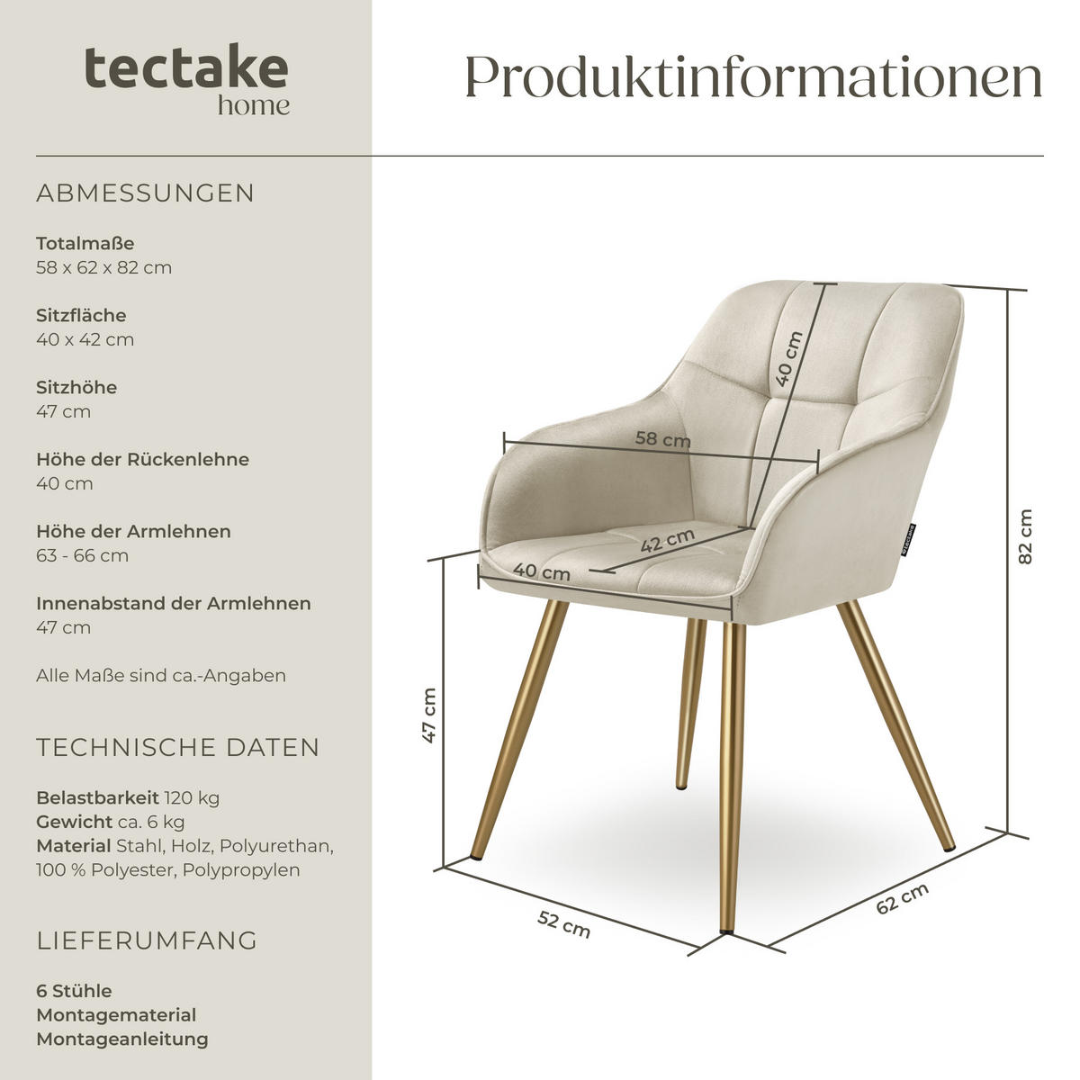 ESSZIMMERSTUHL 6er Set Marilyn 58 x 62 x 82 cm creme/gold - Goldfarben/Creme, Kunststoff (58/82/62cm) - tectake