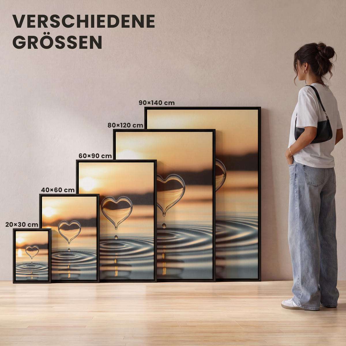 LEINWAND Bilder mit Rahmen - Herz - Wasser - Sonnenuntergang - Natur - Zen - 80x120 - Bernsteinfarben, Textil (80/120cm) - MuchoWow