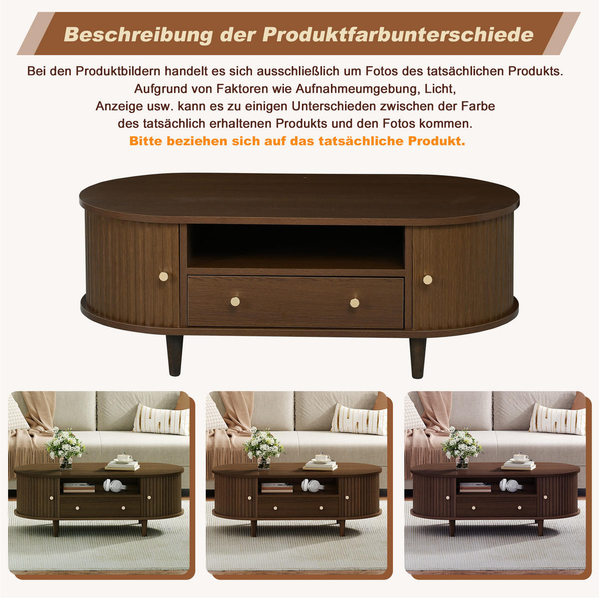 COUCHTISCH 100/50/36 cm walnussfarben aus MDF mit Schublade und Rolltür - Nussbaumfarben, Holzwerkstoff (100/50/36cm) - OKWISH