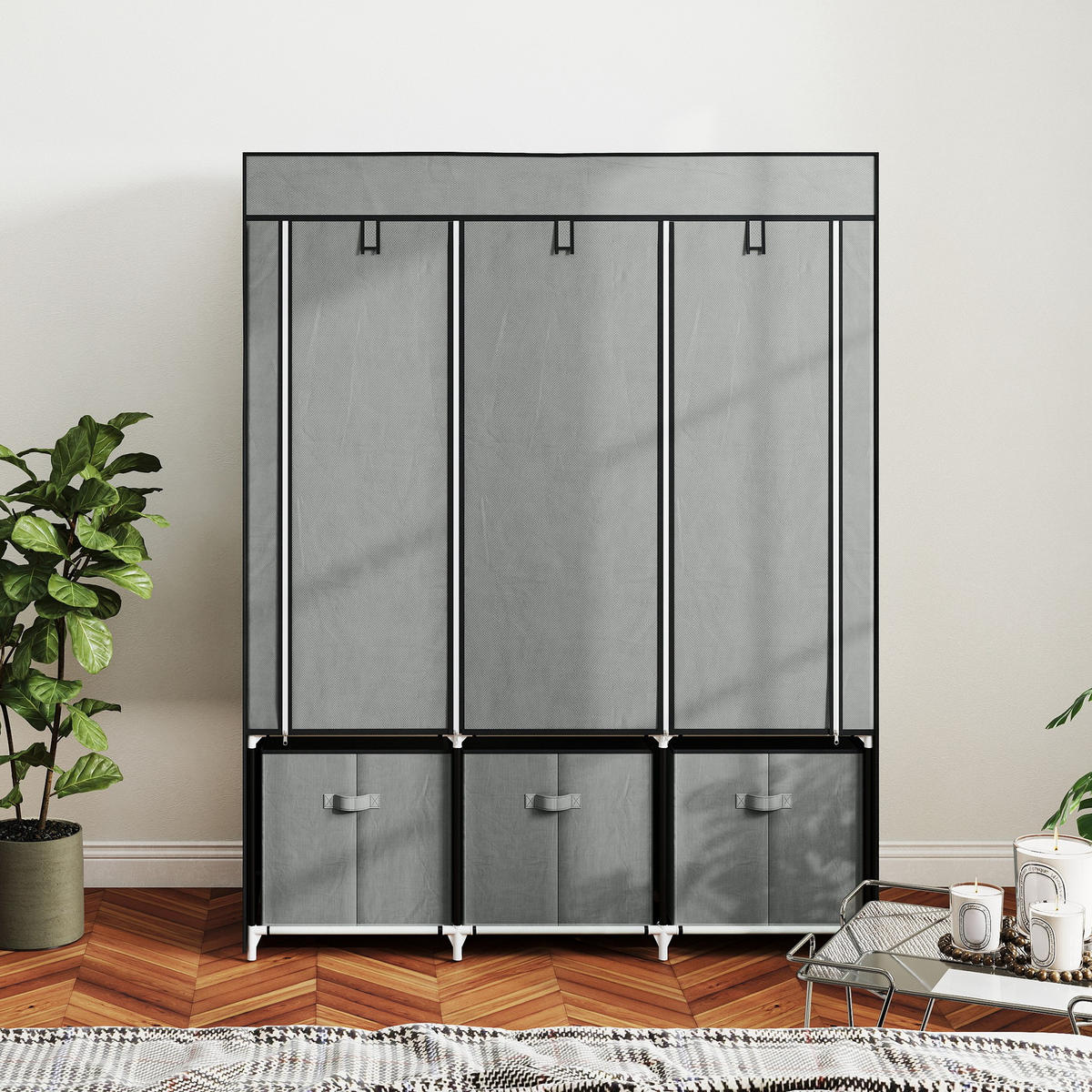 HOMCOM Stoffschrank aus Vlies, Faltschrank, inkl. 3 Schubladen, 125 cm x 43 cm x 162,5 cm, Hellgrau - Hellgrau, Metall (125/162.5/43cm)