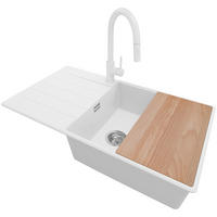 GRANITSPÜLE Kopenhagen, 2-er set Weiß 90/50 cm 1 Becken + Küchenarmatur 40/20 cm + Ablauf-Set + Schneidebrett ab 60er Unterschrank - Chromfarben/Beige, Kunststoff (90/20/50cm) - Primagran