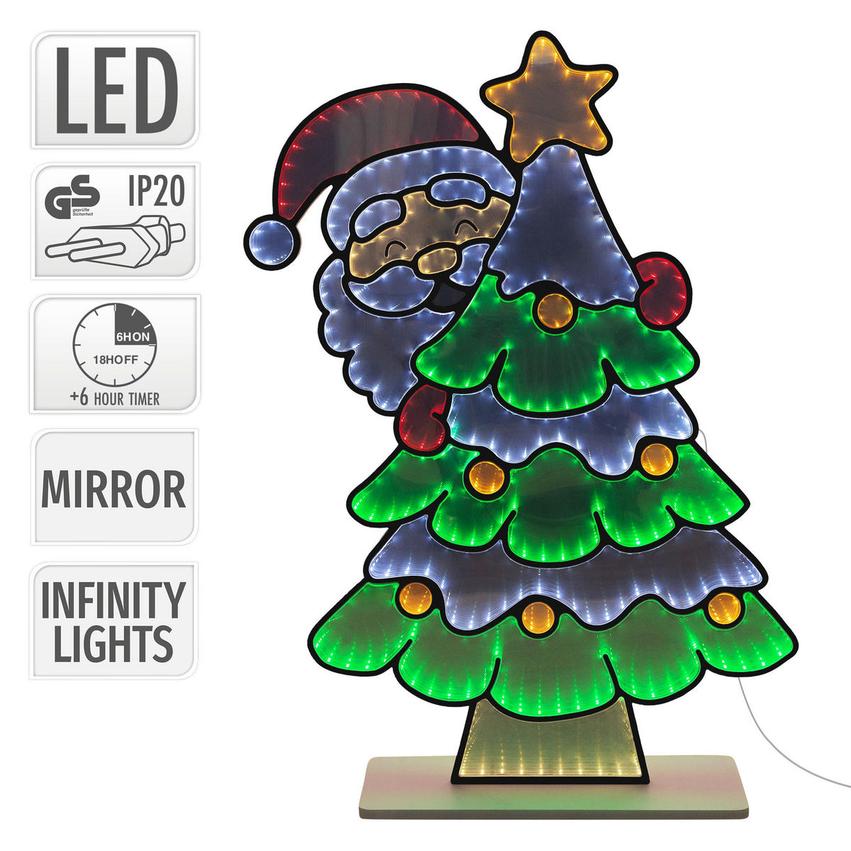 VÁNOČNÍ DEKORACE Vánoční stromek se Santa Clausem, LED zrcadlo s nekonečným 3D efektem a světelnou řetězem 58x80 cm, interiér - různobarevná, plast (58/80/18cm) - ECD-Germany