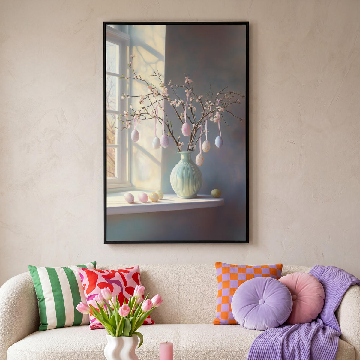 LEINWAND Bilder mit Rahmen - Stillleben - Vase - Osterzweig - 80x120 - Hellblau, Textil (80/120cm) - MuchoWow