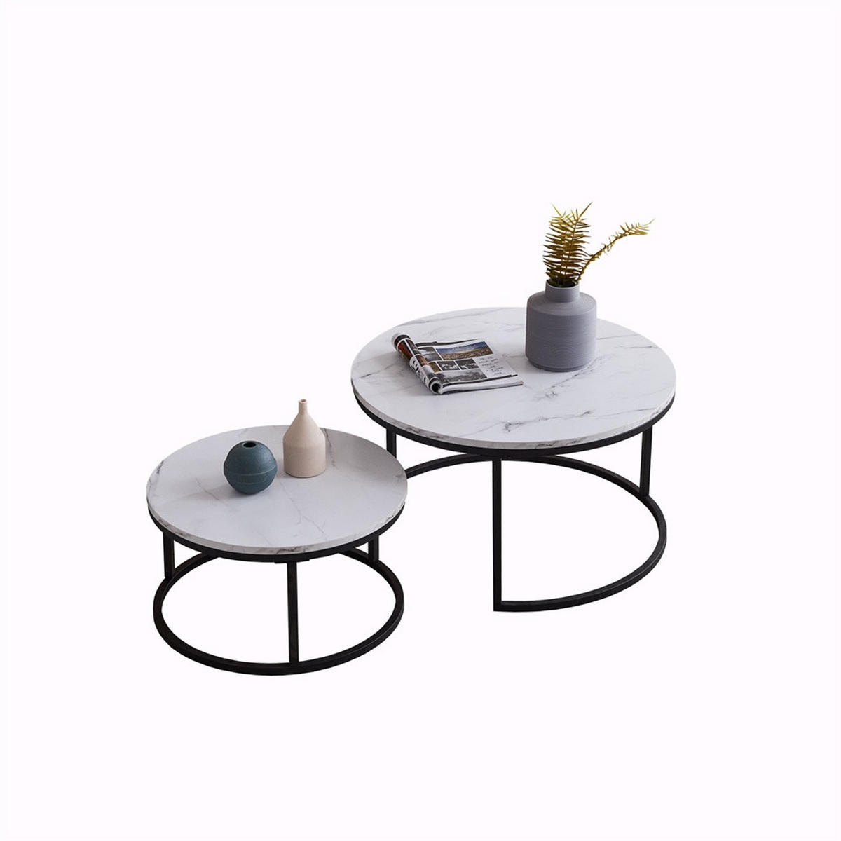 COUCHTISCH 2er-Set - Runder Beistelltisch in Marmoroptik Weiß mit Metallgestell - Schwarz - Schwarz, Holzwerkstoff (80/80/45cm) - DELFA