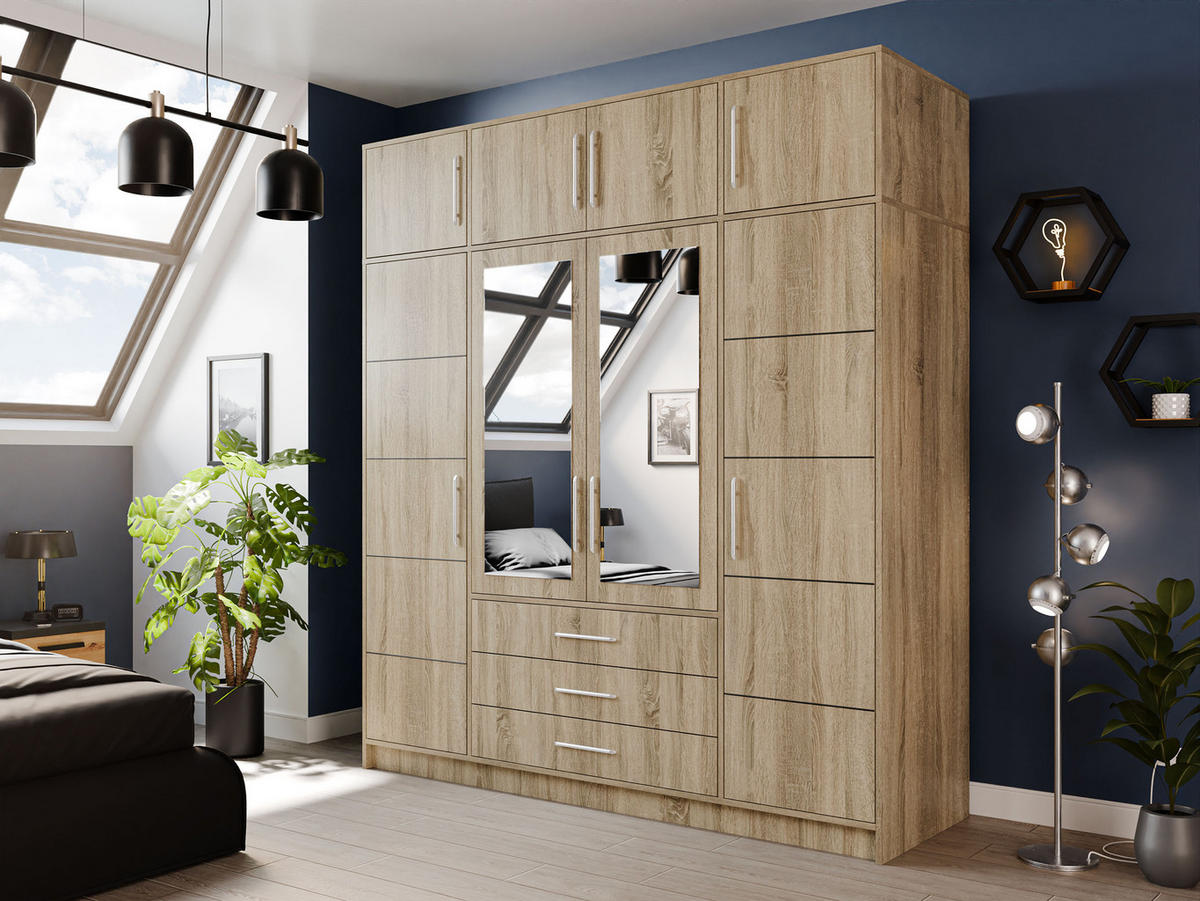KLEIDERSCHRANK Bali D4 + Schrankaufsatz - Silberfarben/Sonoma Eiche, Holzwerkstoff (196/245/58cm) - MIRJAN24