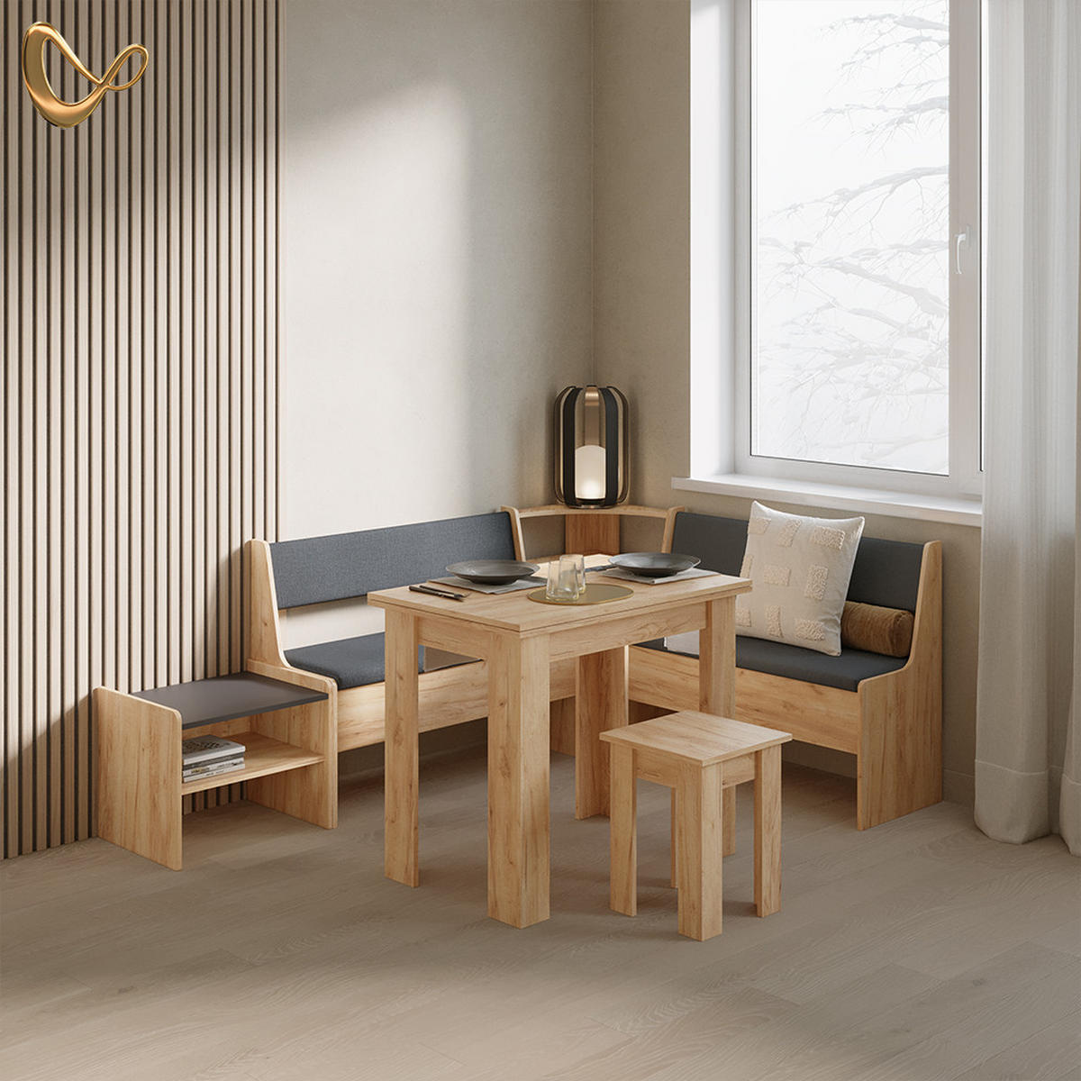 ECKBANKGRUPPE Tiberio Goldkraft Eiche 150 x 150 cm mit Tisch - Honigeiche, Holzwerkstoff (150/80/150cm) - Livinity®