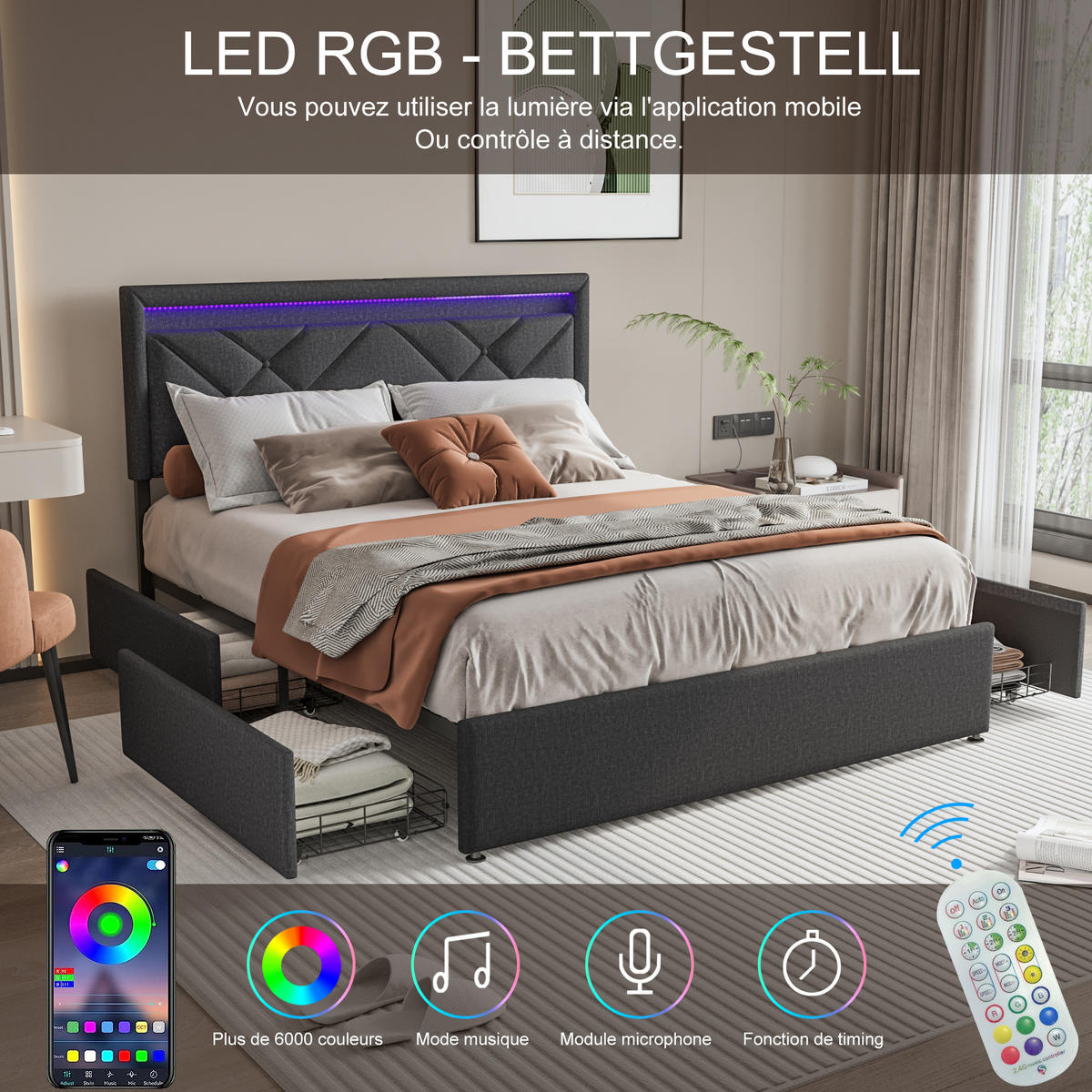 POLSTERBETT 160x200 cm, Grau, mit USB & Type-C, LED-Beleuchtung - Grau, Textil/Metall (160/200cm)