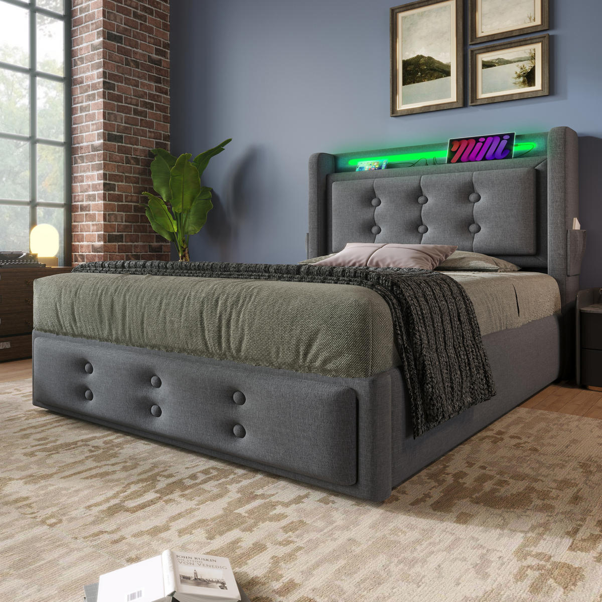 POLSTERBETT mit Stauraum, LED und Ladefunktion 90x200 cm Grau - Grau, Metall (90/200cm) - Meubliv