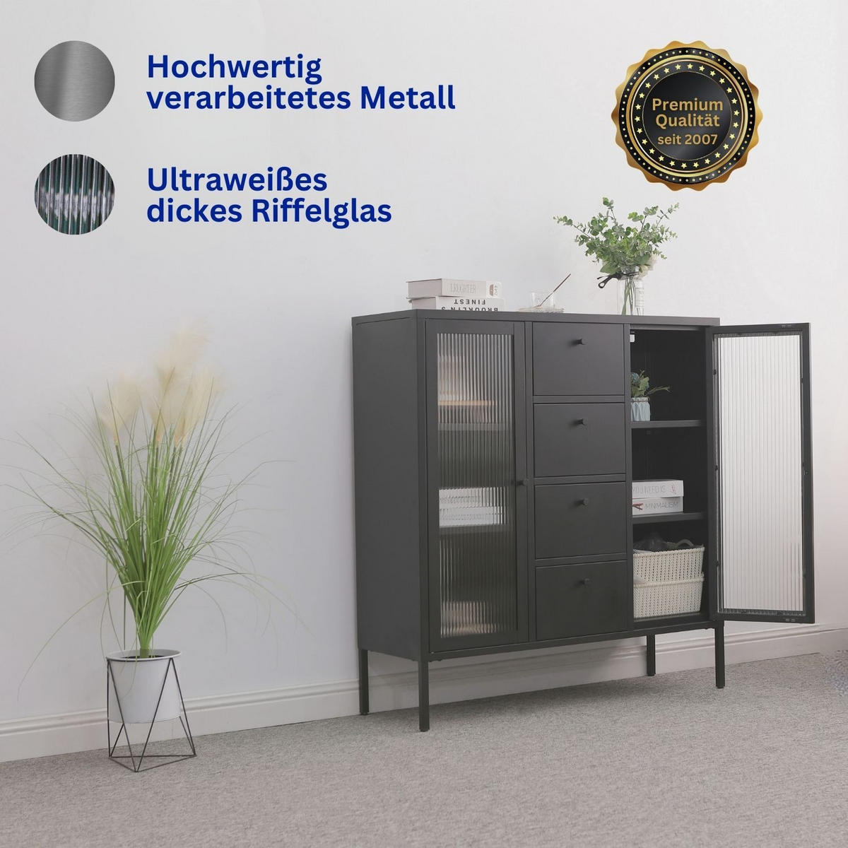 HIGHBOARD PARIS Metall Schwarz mit 4 Schubladen - Schwarz, Metall (35/110/105cm) - Mein-Regal