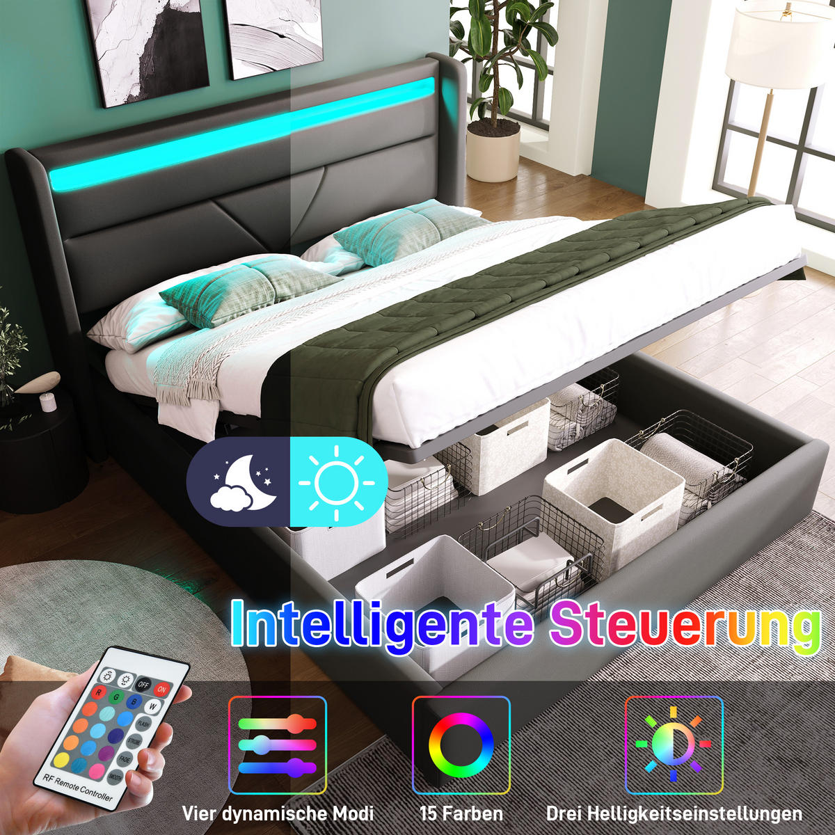 POLSTERBETT 140/200 cm in Grau mit Bettkasten und LED - Grau, Holzwerkstoff/Textil (140/200cm) - WISHDOR