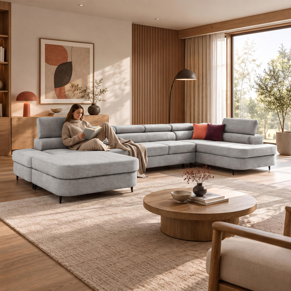 ECKSOFA U-Form PRIAM MAXI U Rechts mit Schlaffunktion 125x317 Velours Hellgrau - Hellgrau/Schwarz, Holz/Textil (400/91/203cm) - Muffo