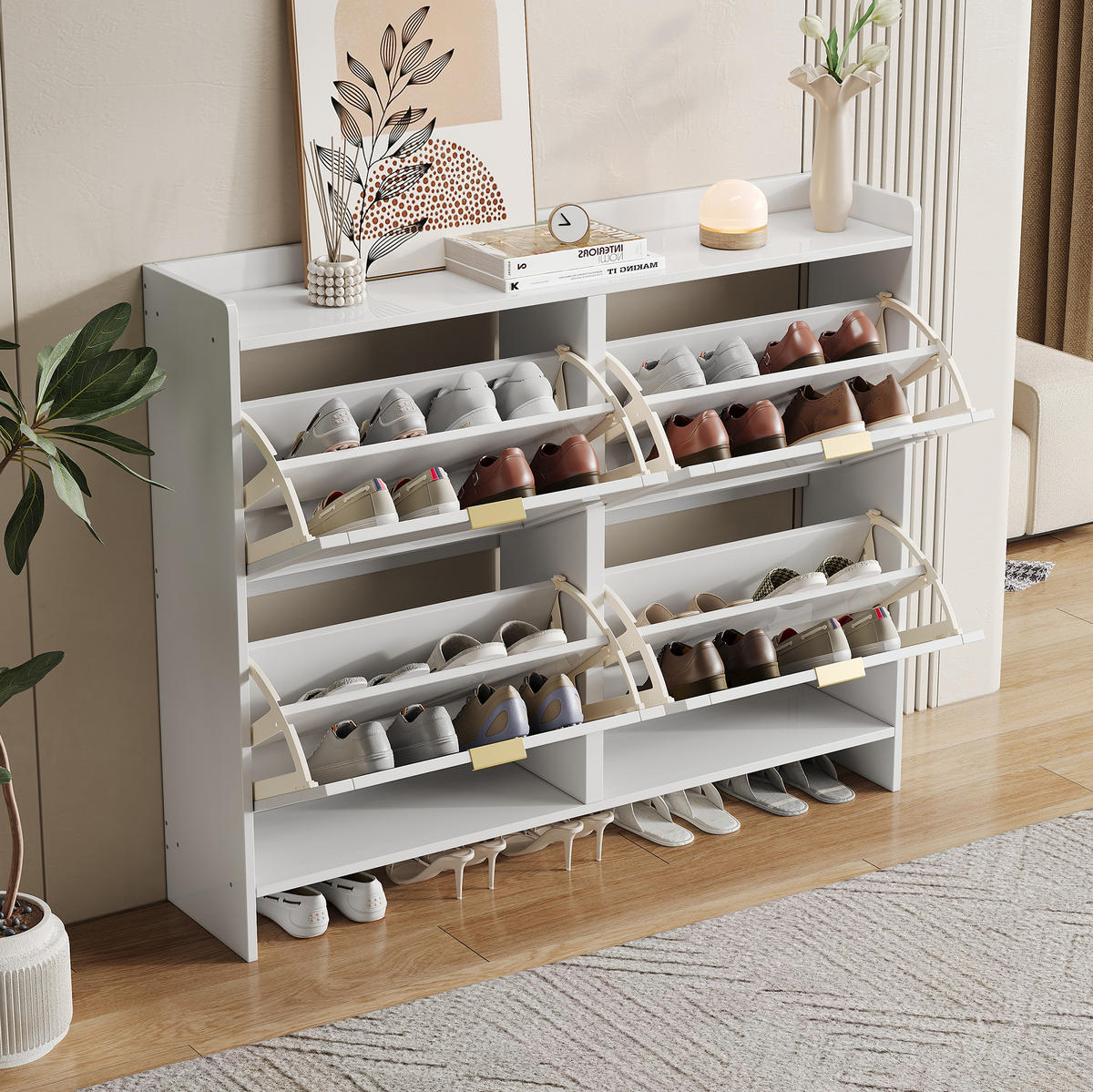 SCHUHSCHRANK mit 4 Klappen 110/24/90 cm in Weiß, platzsparendes Design - Weiß, Holzwerkstoff (110/90/24cm) - BEAOK