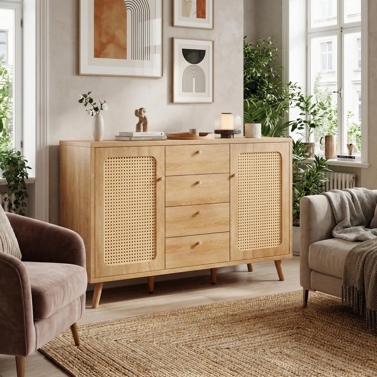 SIDEBOARD 140 cm in Rattan-Optik mit 4 Schubladen - Sonoma Eiche, Holzwerkstoff (140/86/40cm) - Urban Meuble