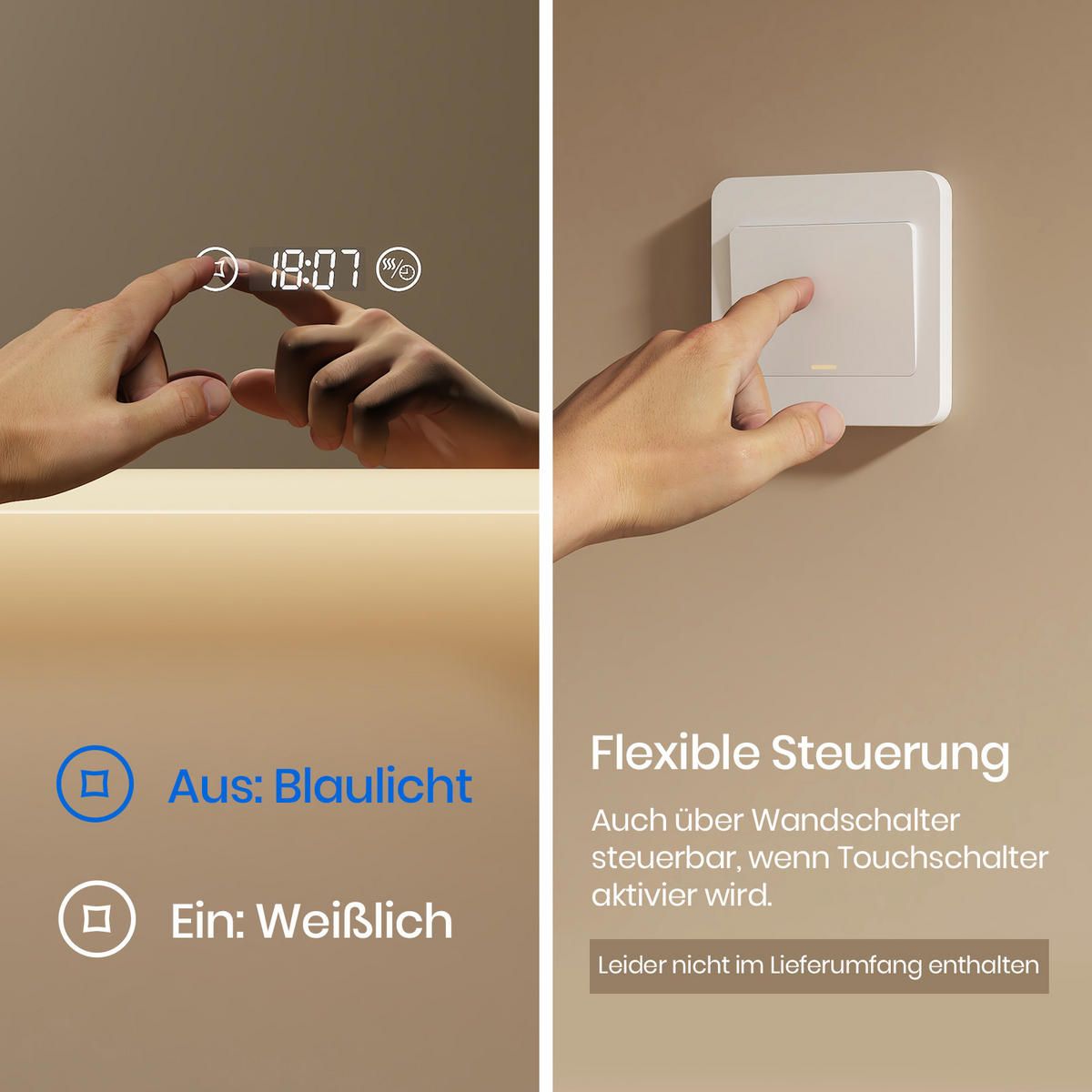 BADSPIEGEL mit 3-Tasten-Bluetooth Beleuchtung mit Integriertem Schminkspiegel 80/60 cm - Weiß, Glas (60/3.5/80cm) - EMKE